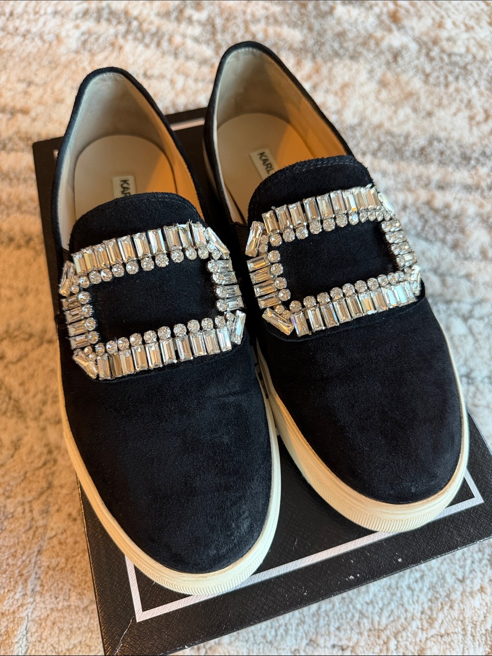 Karl Lagerfeld Black Suede Crystal Buckle Slip-On Sneakers. US 7.5/EU 38